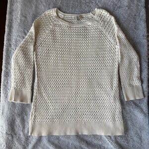 LOFT Women Cream Ivory Open Knit Crochet Sweater 3/4 Sleeve Crew Neck Large Flaw